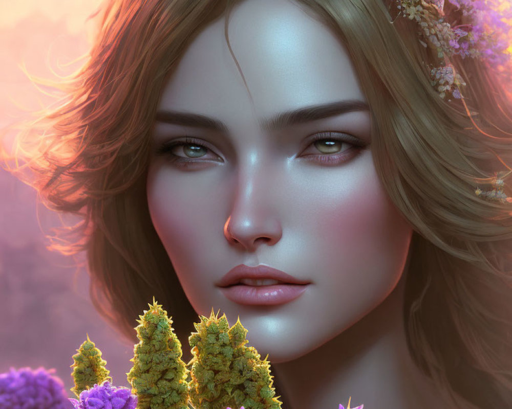 Close-up digital portrait of woman with glowing skin and floral crown, surrounded by purple flowers