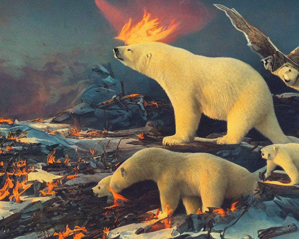 Illustration of polar bears in fiery, debris-filled landscape