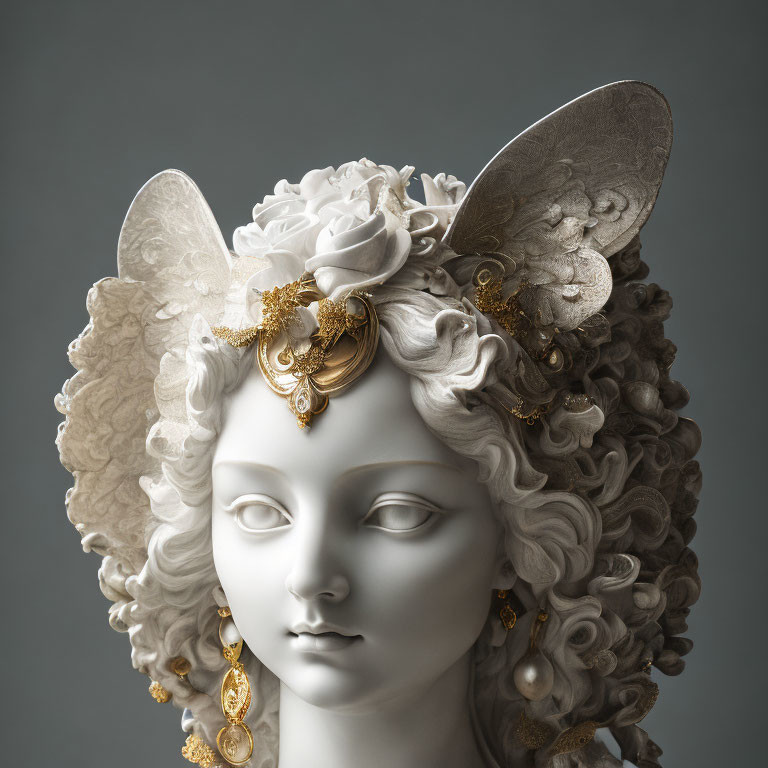 Intricate Woman's Head Sculpture with Gold and Pearl Earrings