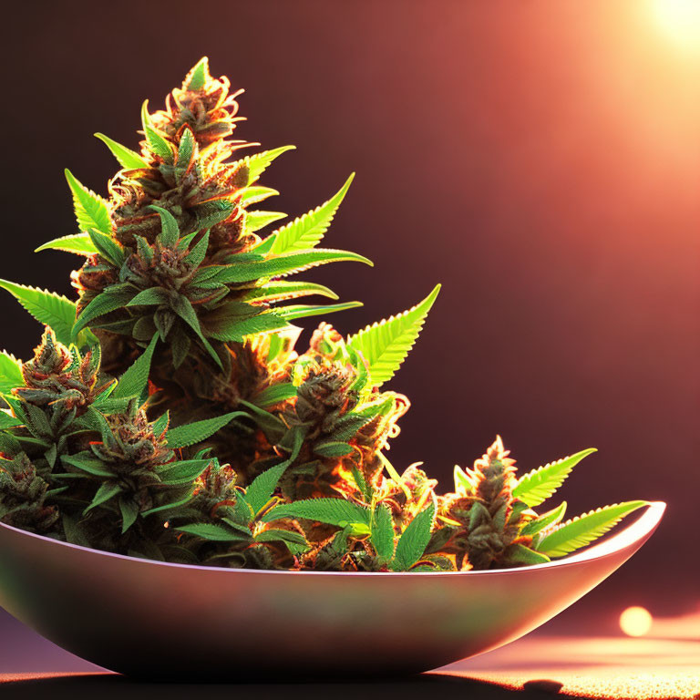 Cannabis buds in a bowl on warm background