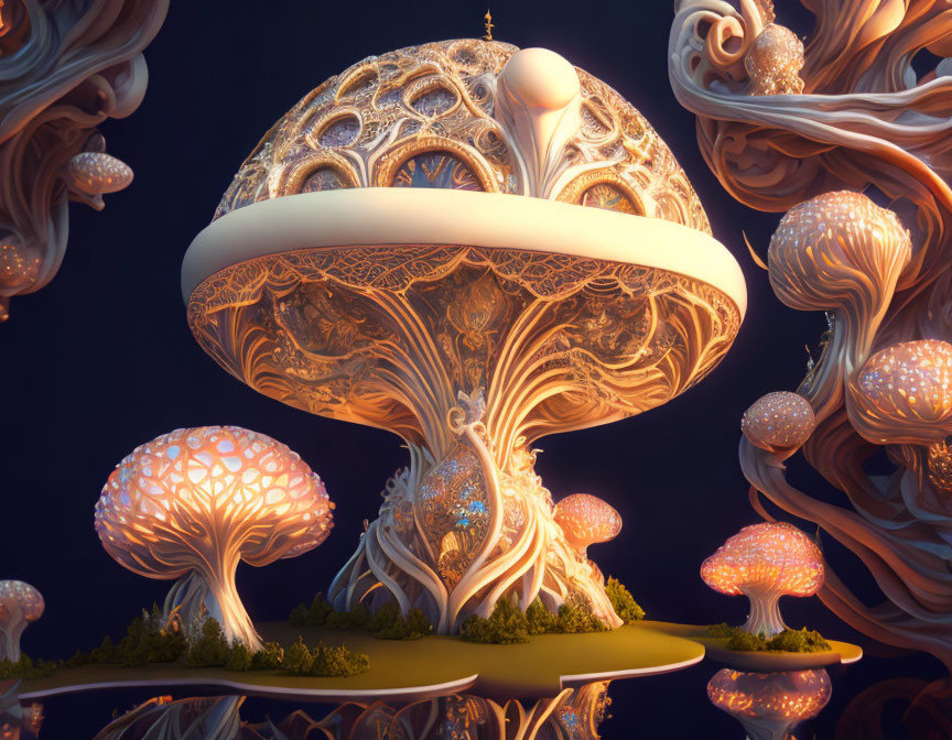 Intricately Designed Glowing Mushrooms in Fantasy Landscape