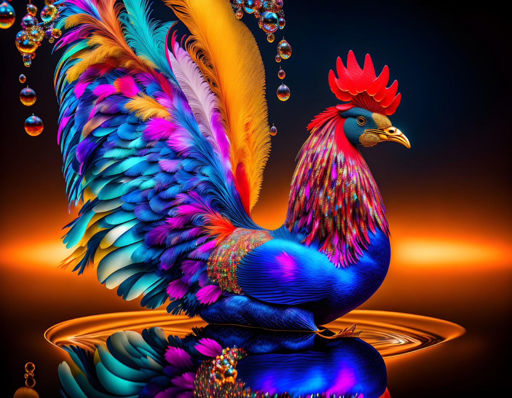 Colorful stylized rooster with iridescent feathers on orange backdrop.