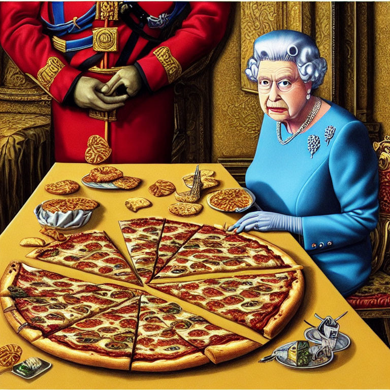 Regal woman with pizza at golden table with guard