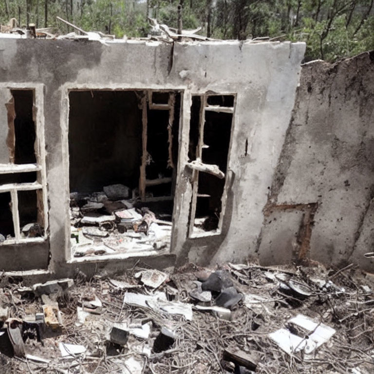 Abandoned building ruins with debris and scattered objects