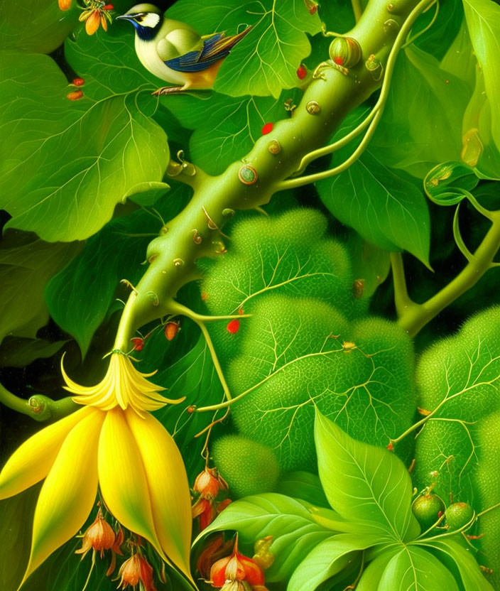 Colorful bird illustration on branch with green foliage and yellow flowers