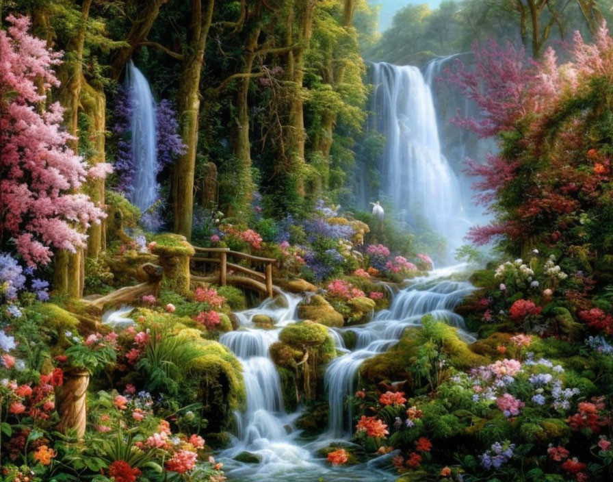 Lush garden with waterfalls, bridge, colorful flowers & foliage