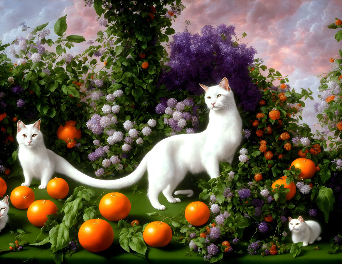 Colorful artwork: white cats, orange fruits, purple and green foliage under cloudy sky