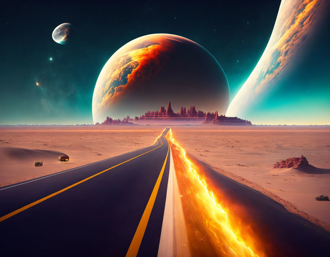 Surreal desert landscape with road and otherworldly planets.