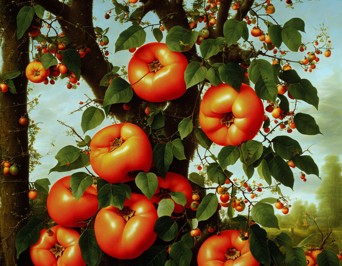 Colorful painting of oversized tomatoes on tree with small fruits and green leaves under blue sky