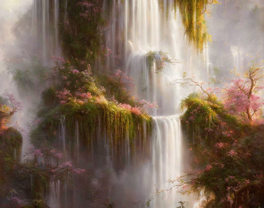 Tranquil waterfall among pink blossoms and mossy surroundings