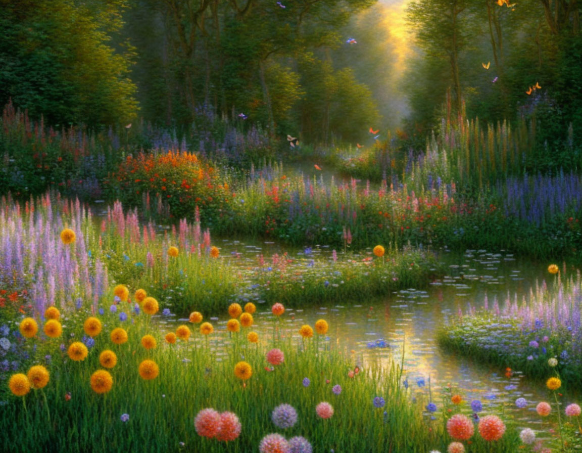 Tranquil sunrise garden with vibrant flowers, calm pond, light rays, and fluttering butterflies