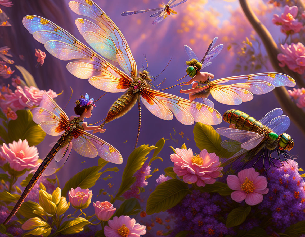 Tiny fairies on colorful dragonflies above vibrant flowers in a magical forest