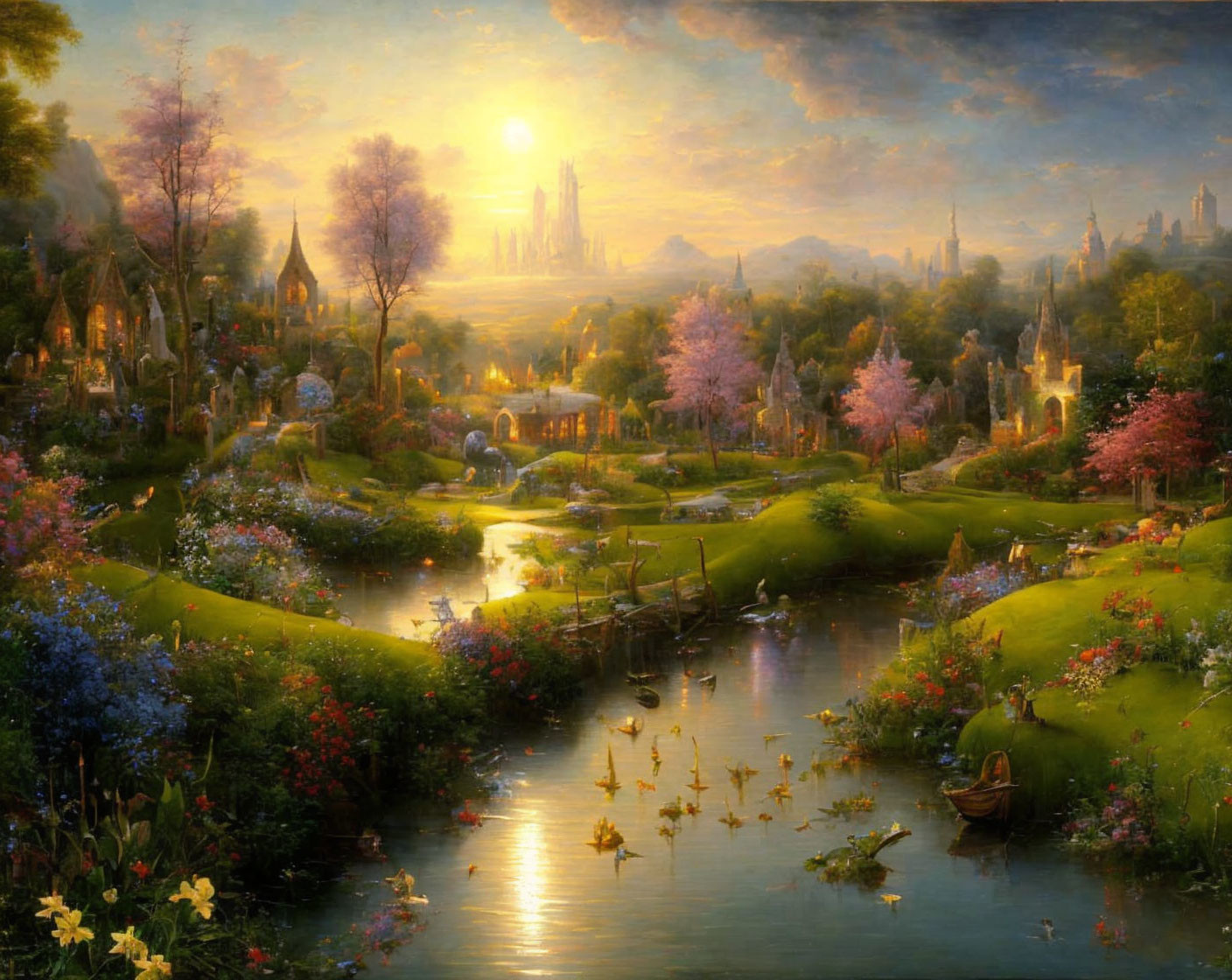 Tranquil fantasy landscape with lush greenery, blooming trees, serene river