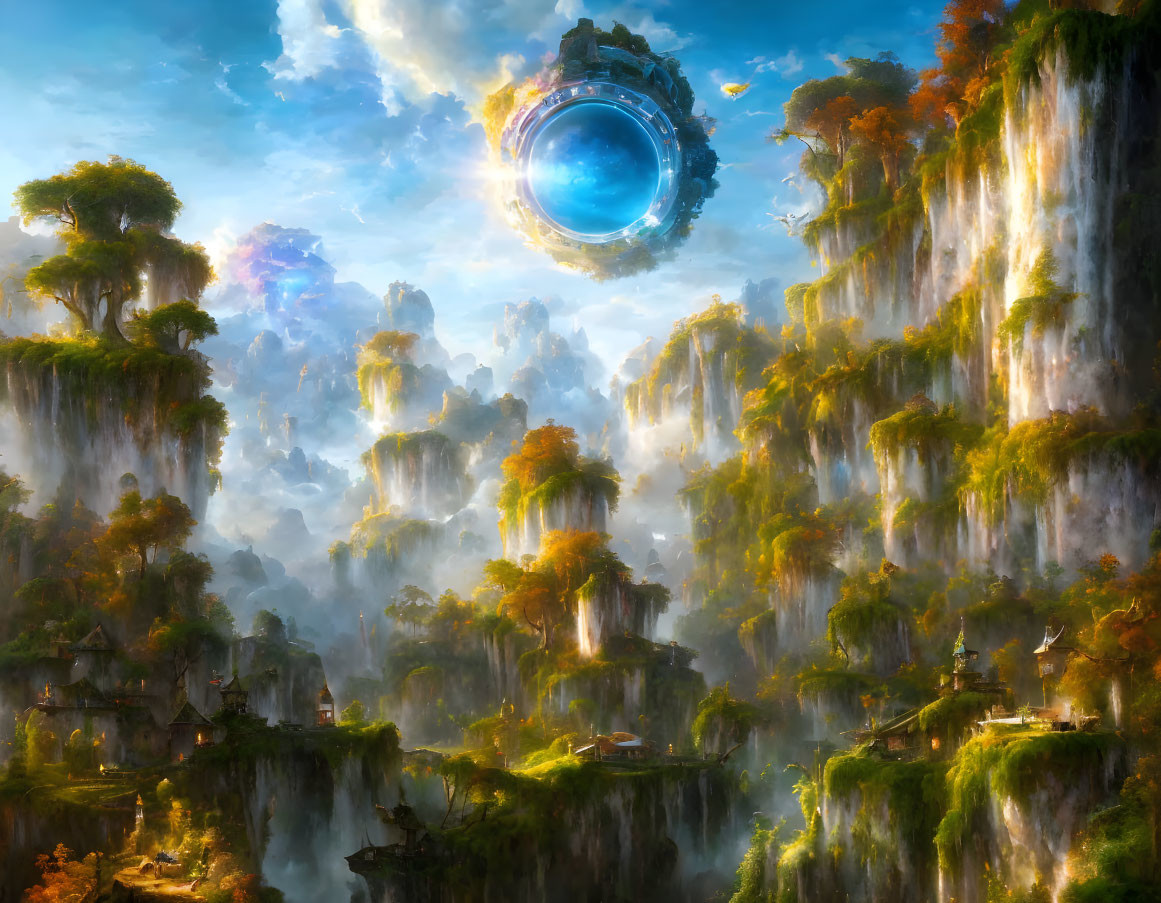 Fantastical landscape with floating islands and a mysterious portal