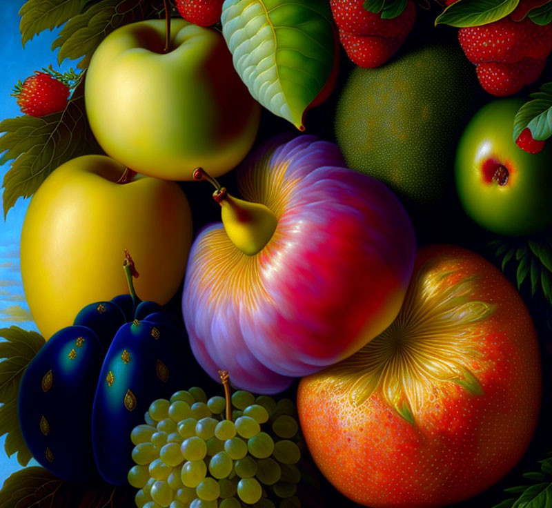 Colorful Hyper-Realistic Still Life Painting of Fruits