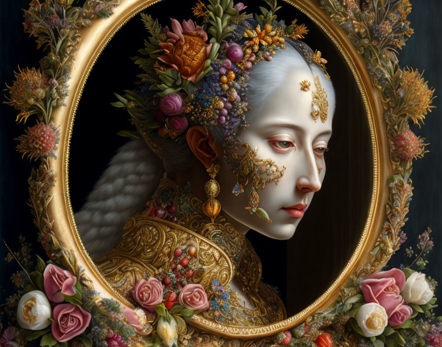 Detailed Portrait of Pale Woman Adorned with Flowers and Gold