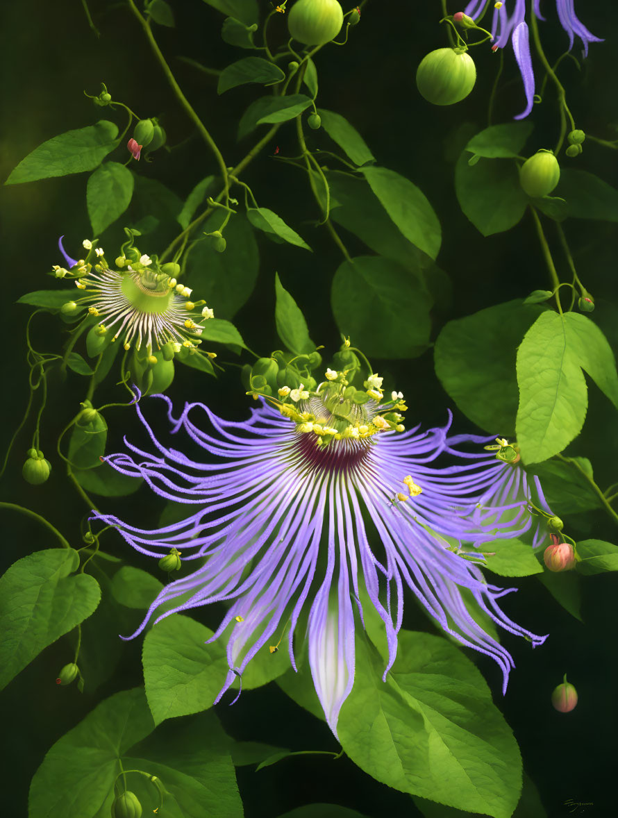 Colorful Passion Flower with Purple Filaments and Yellow Corona in Soft Light