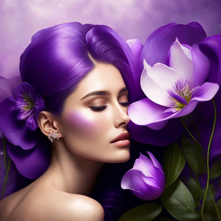 Purple-haired woman harmoniously blends with violet flowers in serene setting