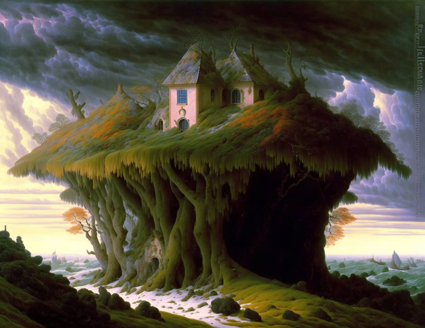 Whimsical painting of cottage on tree roots under stormy sky