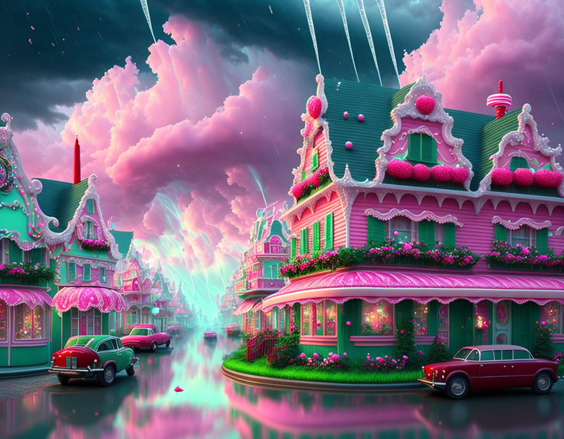 Whimsical pink cake-like houses in surreal street scene