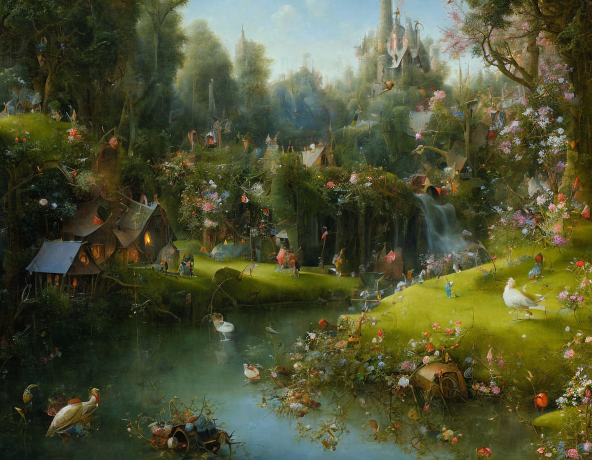 Lush fairytale village painting with flowers, waterfalls, swans, and castle