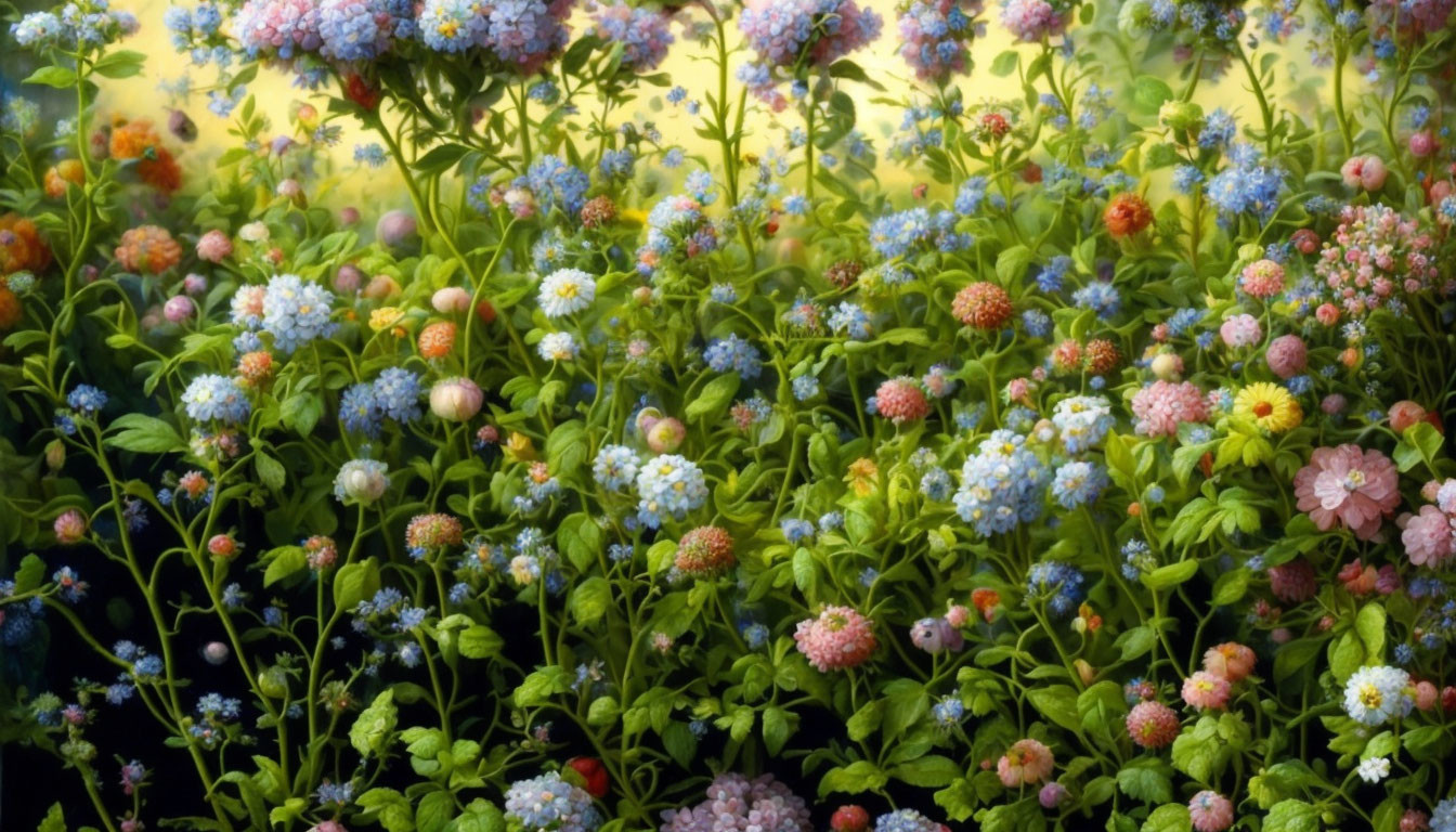 Colorful Flower Garden Bed with Blue, Pink, and Orange Blooms