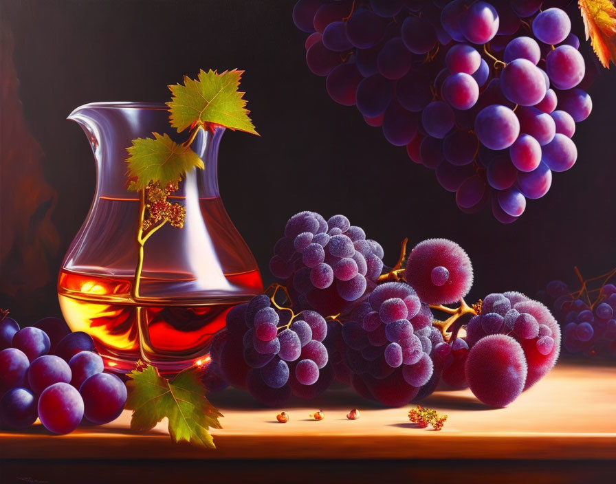 Glass decanter with amber liquid and purple grapes on dark background