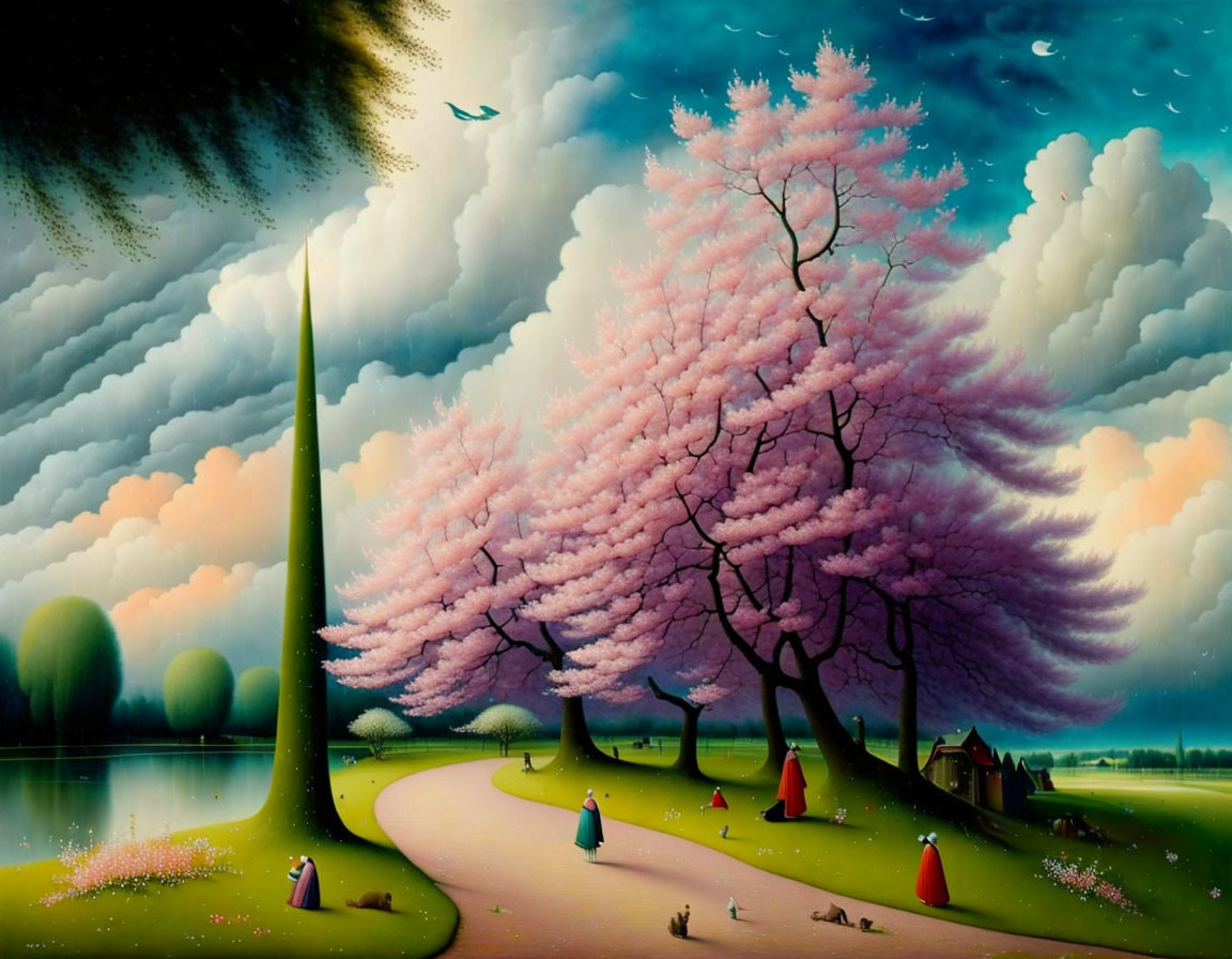 Surreal landscape with pink cherry blossoms, red cloaks, winding path, green hills,