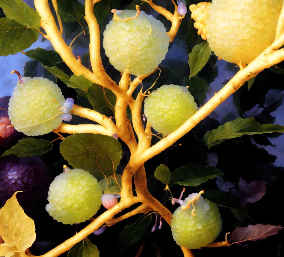 Green gourds on yellow branches reflected in water.