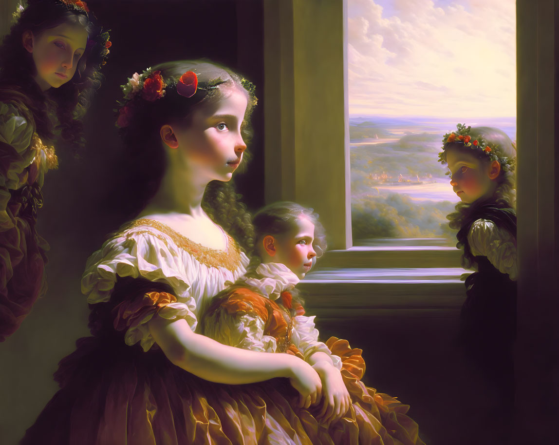 Vintage Dresses Worn by Three Girls in Soft Light