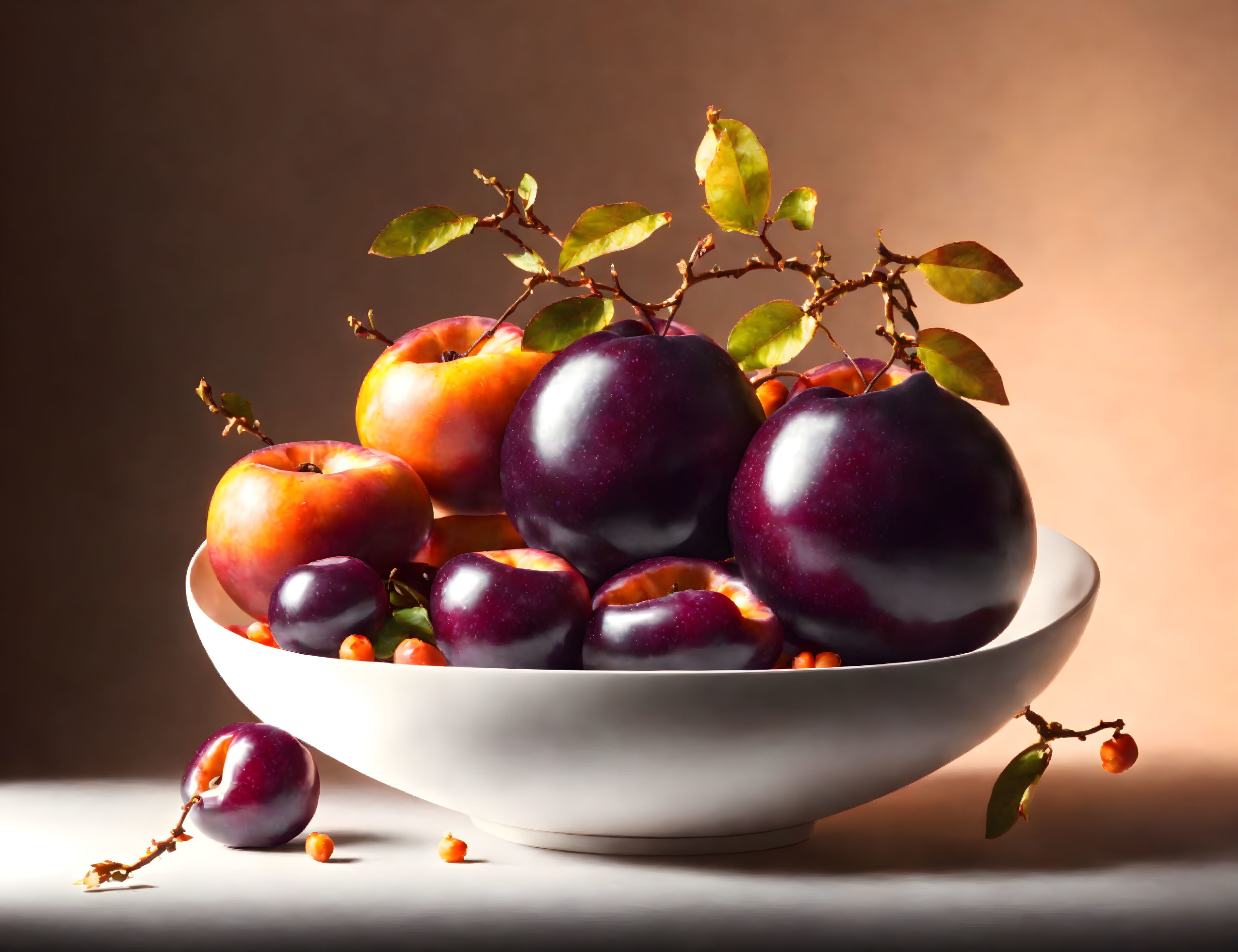 Ripe plums and apples in white bowl with soft lighting