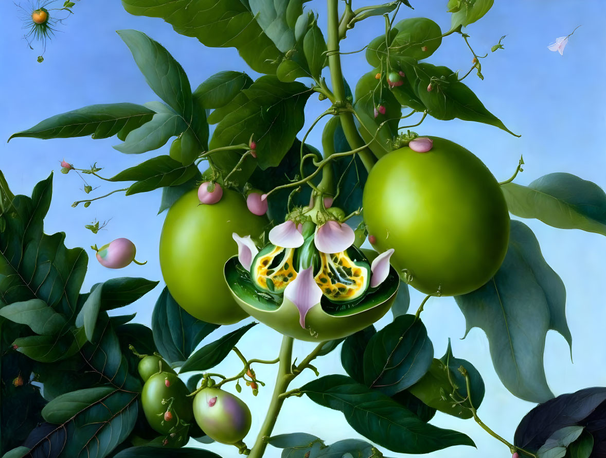 Surreal painting: Green tomatoes on vine with citrus-like interior, leaves, flowers, insects