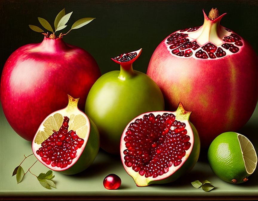 Fruit still life with pomegranates, apple, lime, and cherry on dark background