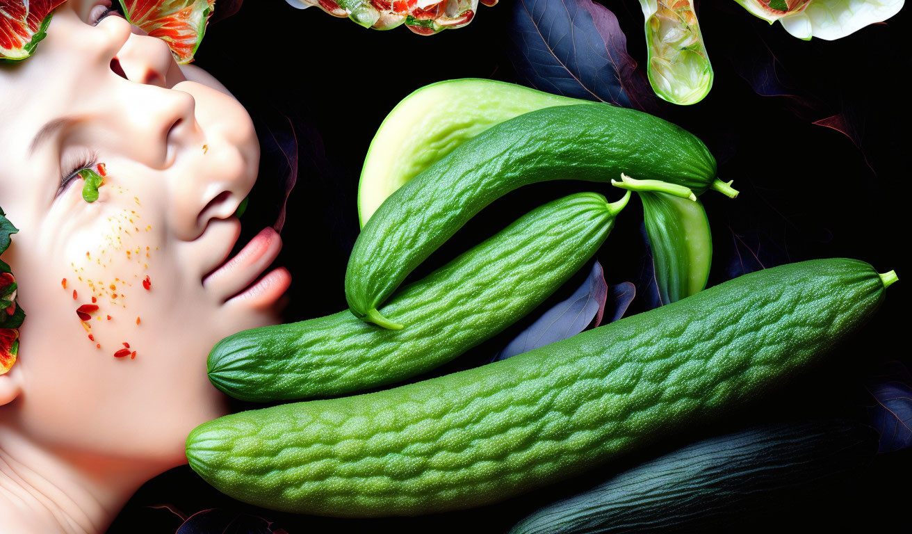 Surreal composition: Woman's face, flawless skin, green zucchinis, strawberries,