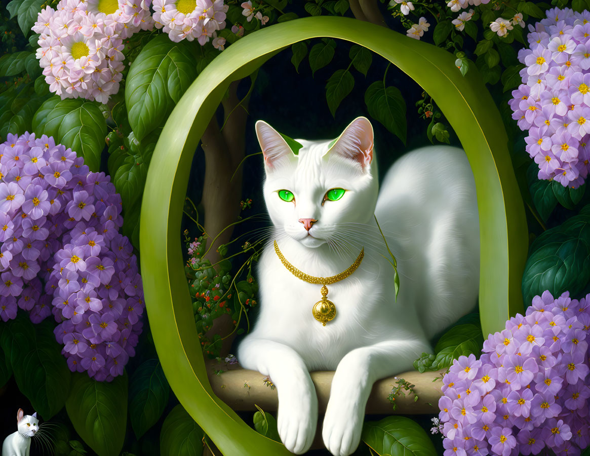 White Cat with Green Eyes in Ornate Circular Frame Among Purple Flowers