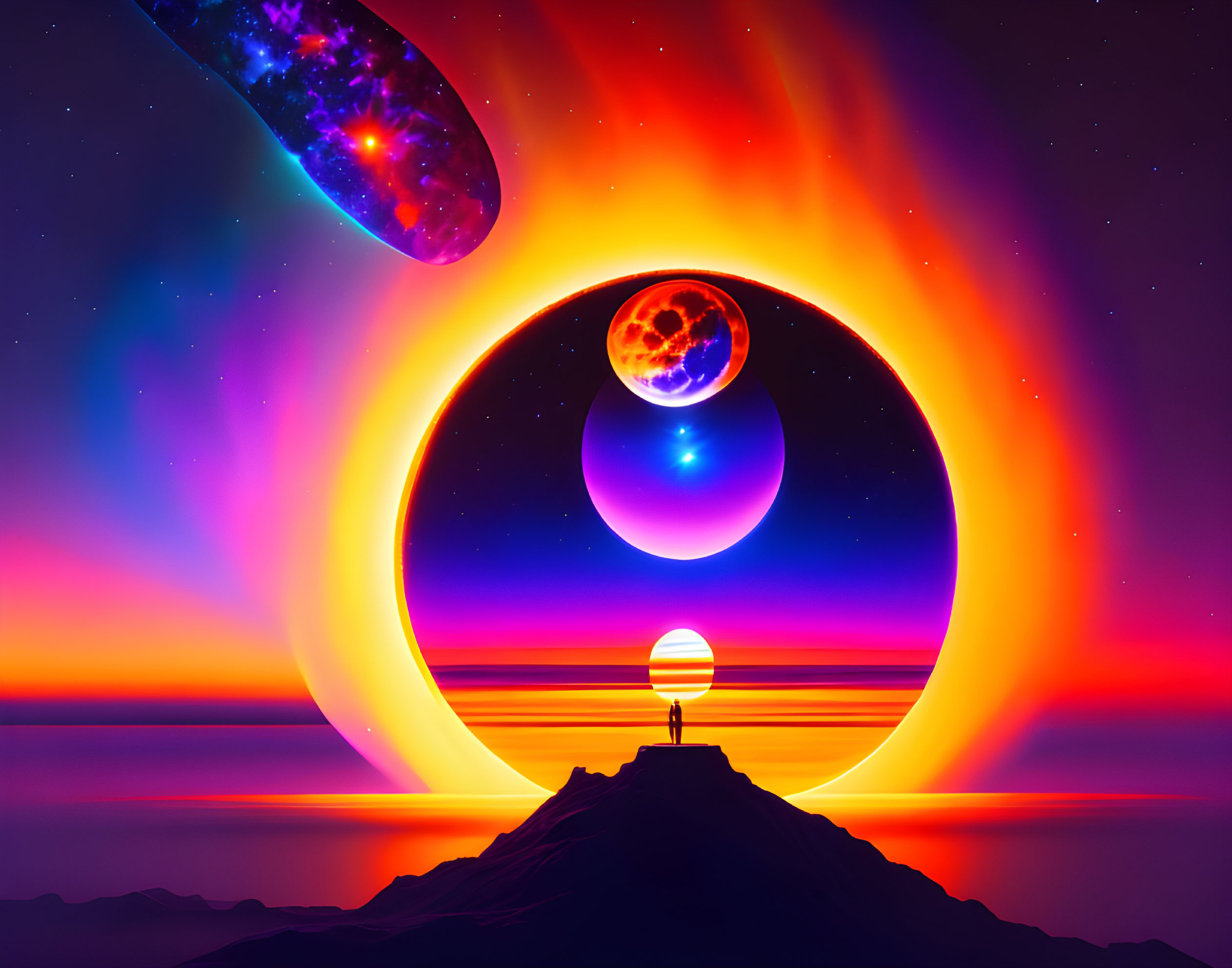 Surreal landscape with ringed sun, planets, and starlit sky