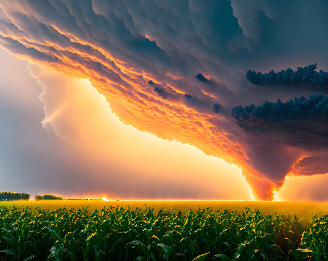 Dramatic shelf cloud over lush green field at sunset