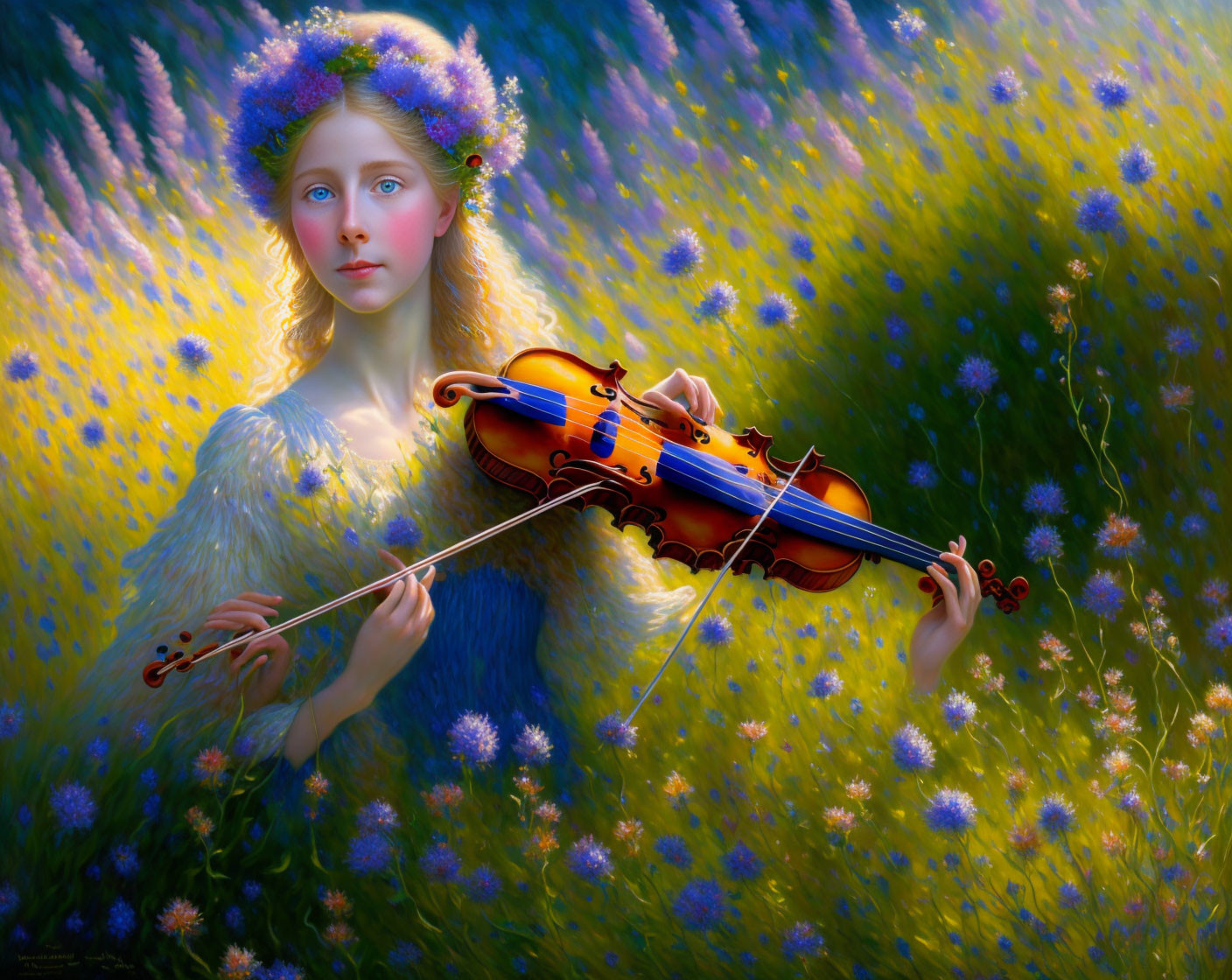 Woman playing violin in vibrant purple flower field