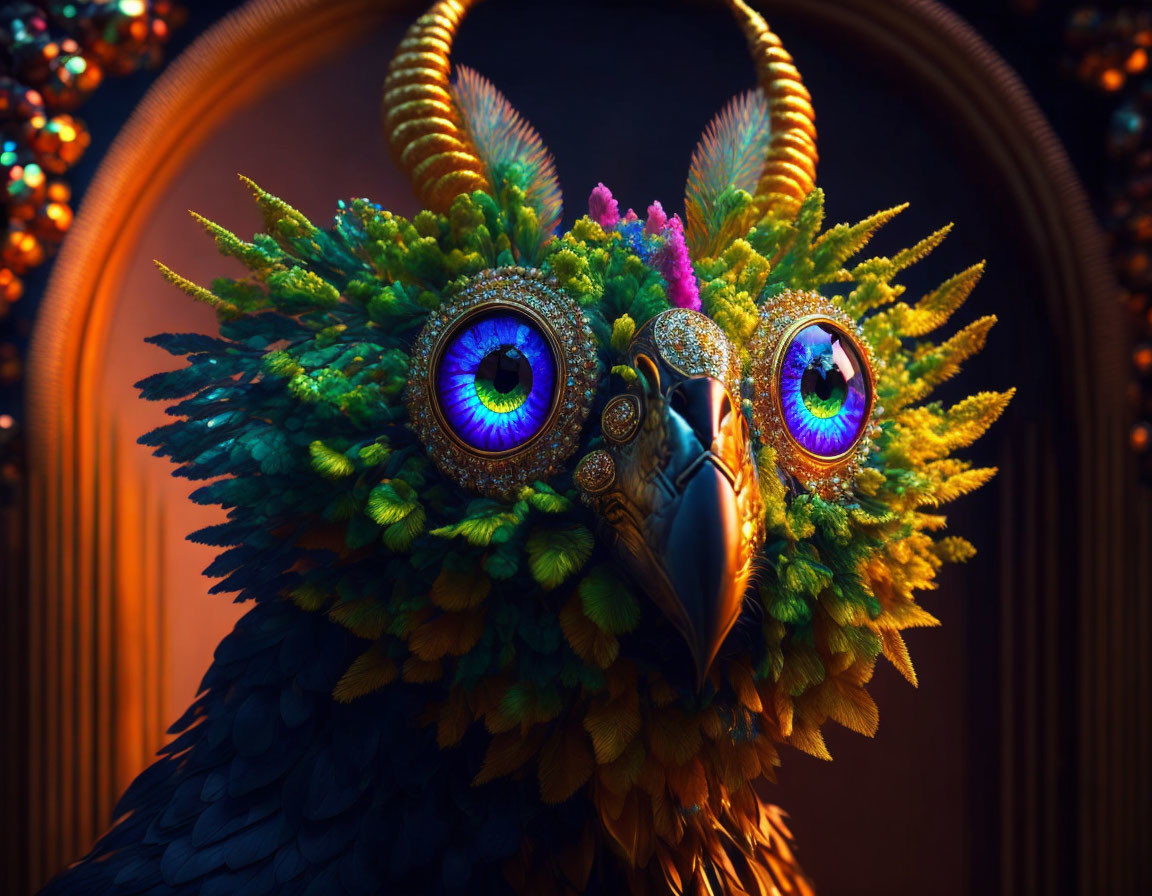 Colorful digital owl art with intricate feathers and jewel-like eyes on ornate background