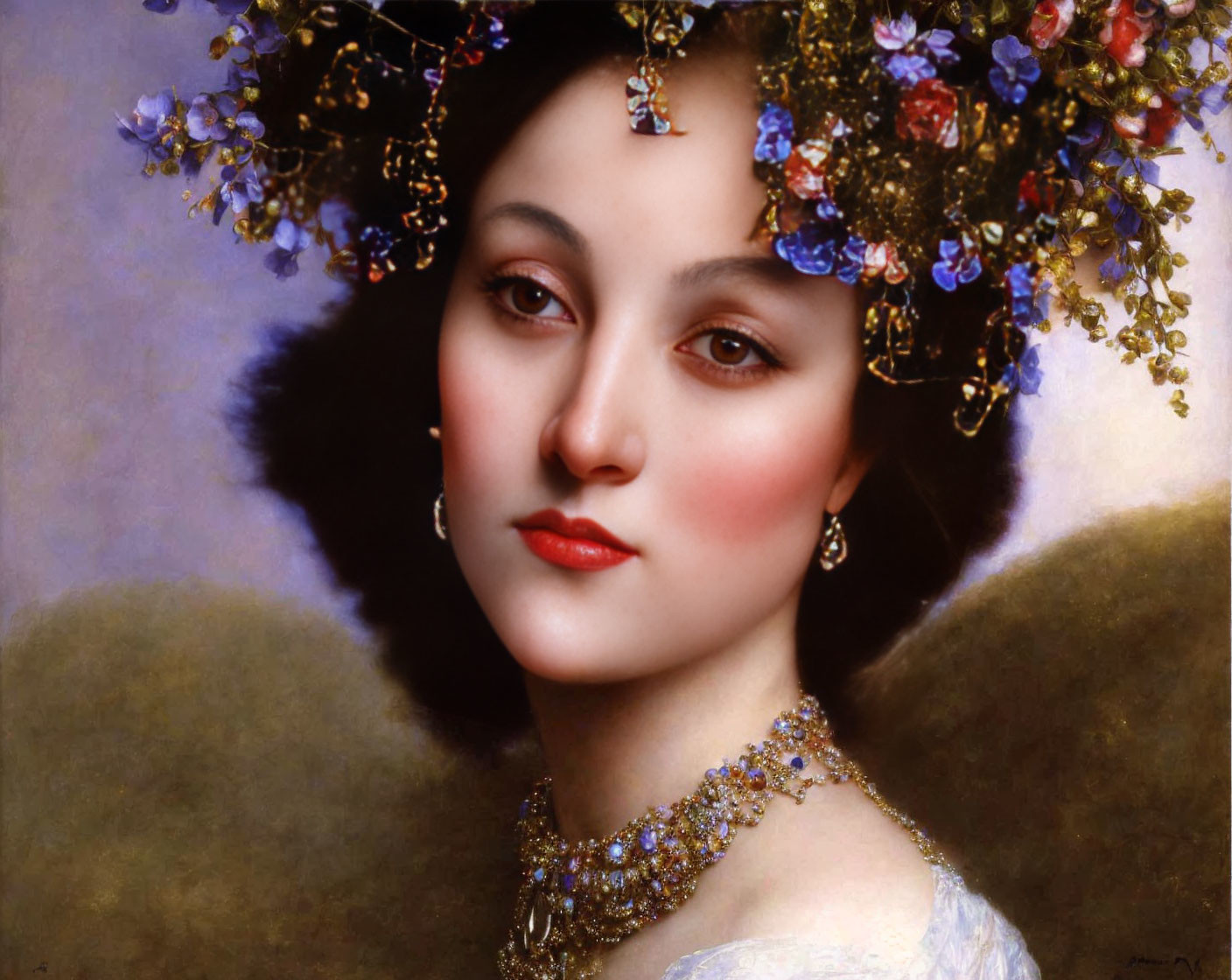 Classic Portrait of Woman with Floral Wreath and Ornate Necklace