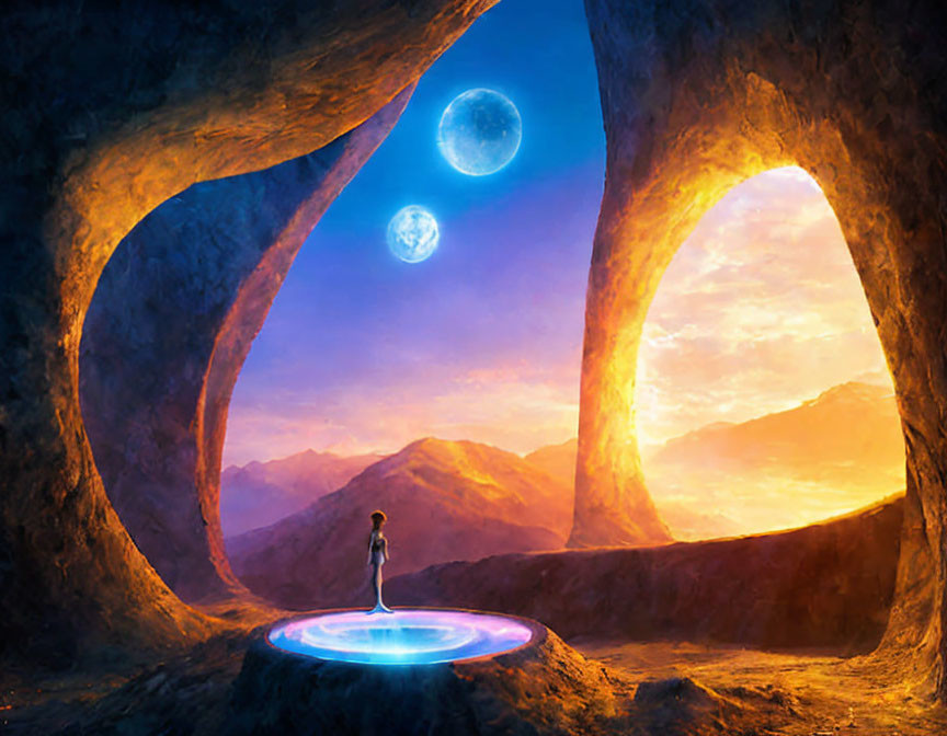 Person standing on glowing platform in alien landscape with two suns visible at sunset