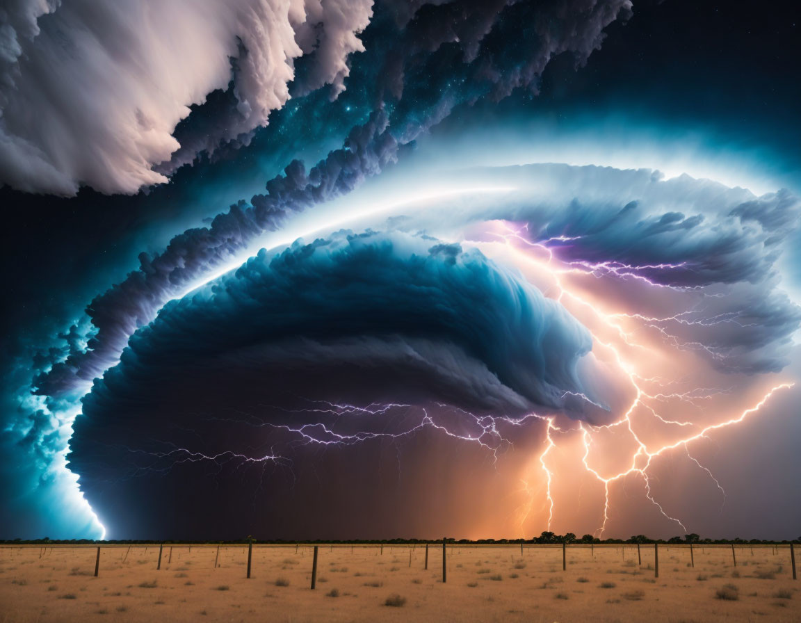 Dramatic supercell thunderstorm with lightning bolts in twilight sky