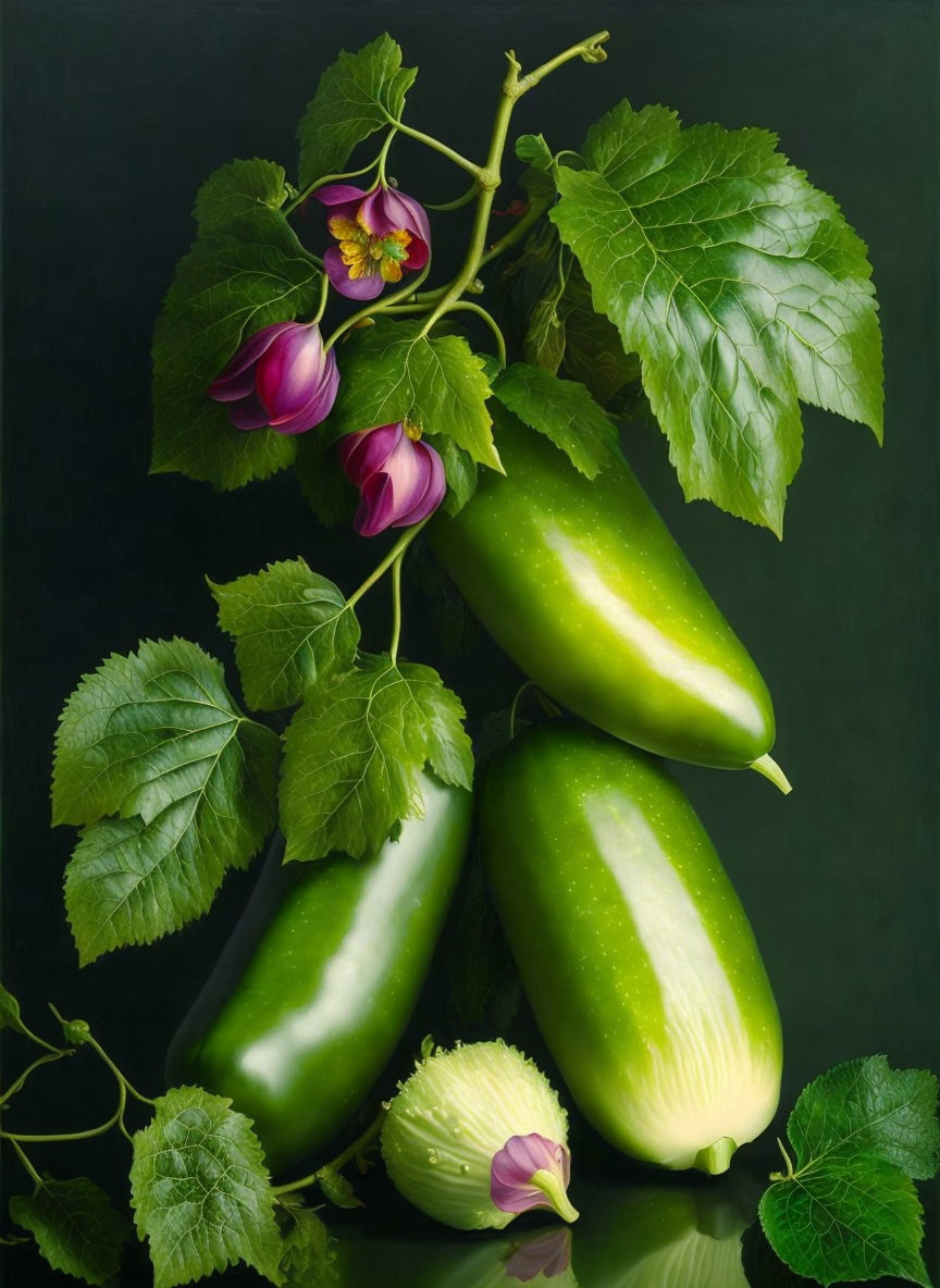 Fresh green cucumbers with purple flowers on dark background