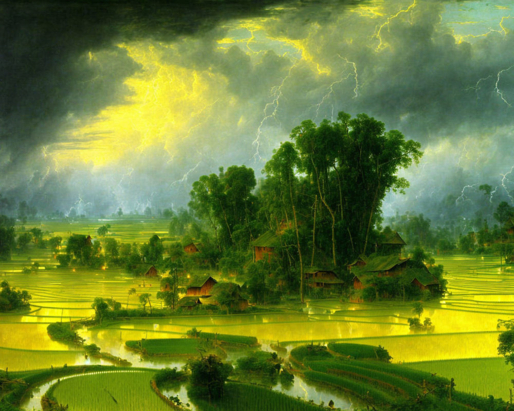 Thunderstorm landscape painting with serene village and rice paddies under dramatic sky