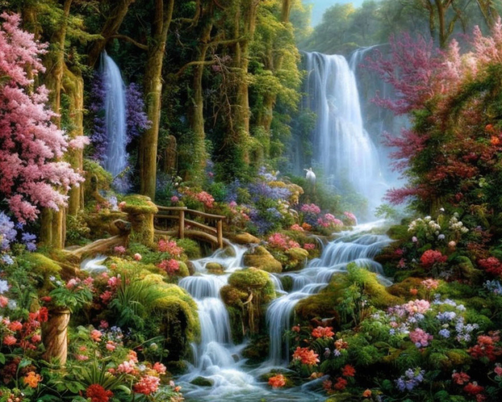 Lush garden with waterfalls, bridge, colorful flowers & foliage