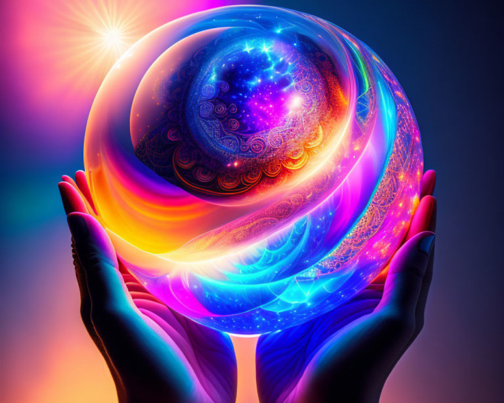 Colorful cosmic orb held in hands on blue-purple gradient background with light flare.