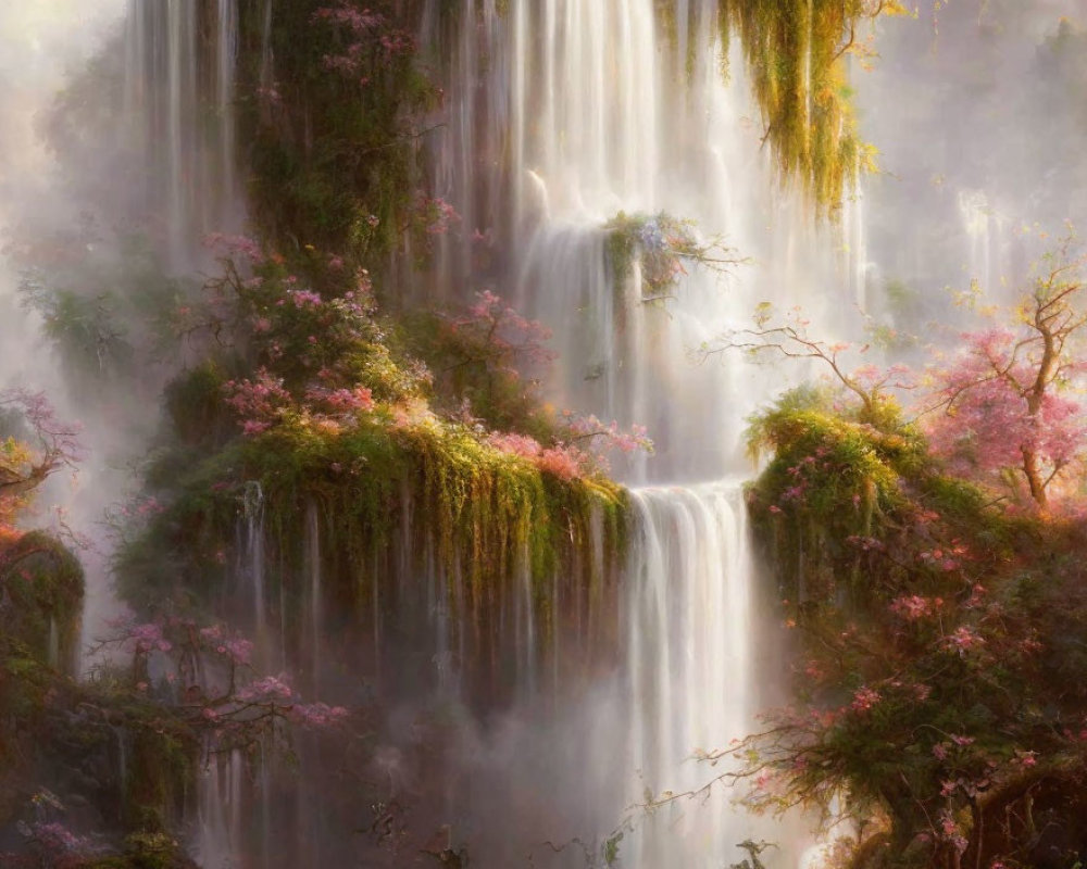 Tranquil waterfall among pink blossoms and mossy surroundings