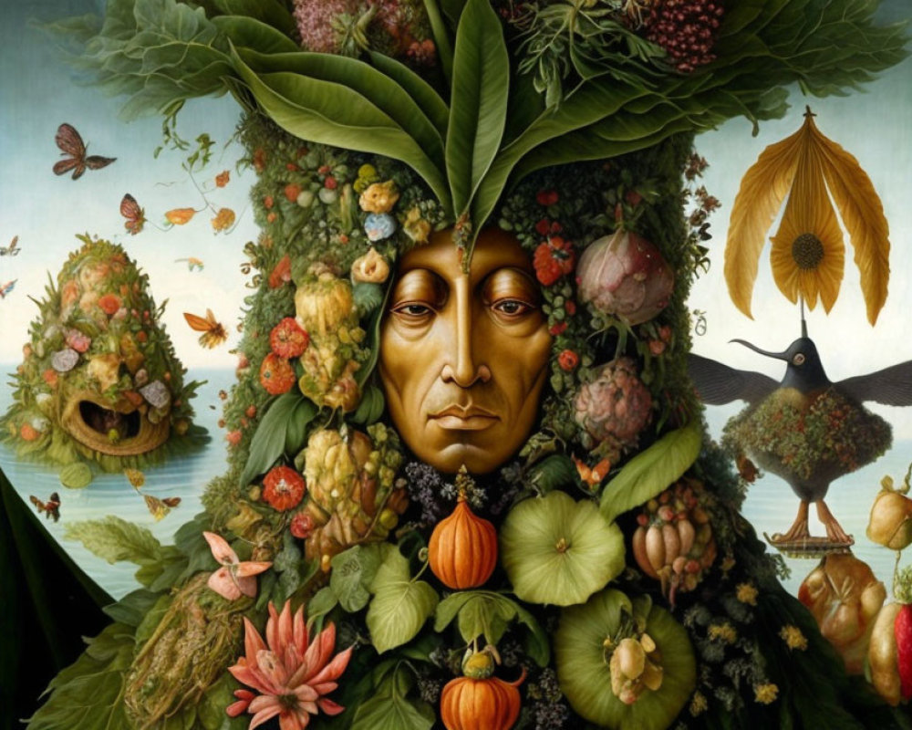 Surreal portrait with camouflaged face in fruits, vegetables, and nature elements