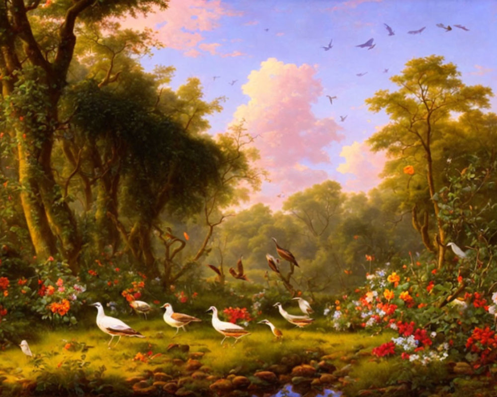 Tranquil forest scene with colorful flowers, stream, birds, sunset sky