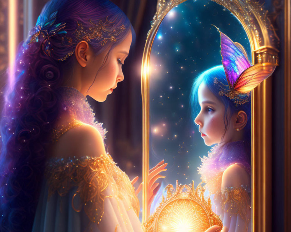 Young girl with fairy wings admiring reflection in magical mirror with glowing orb amidst twinkling stars